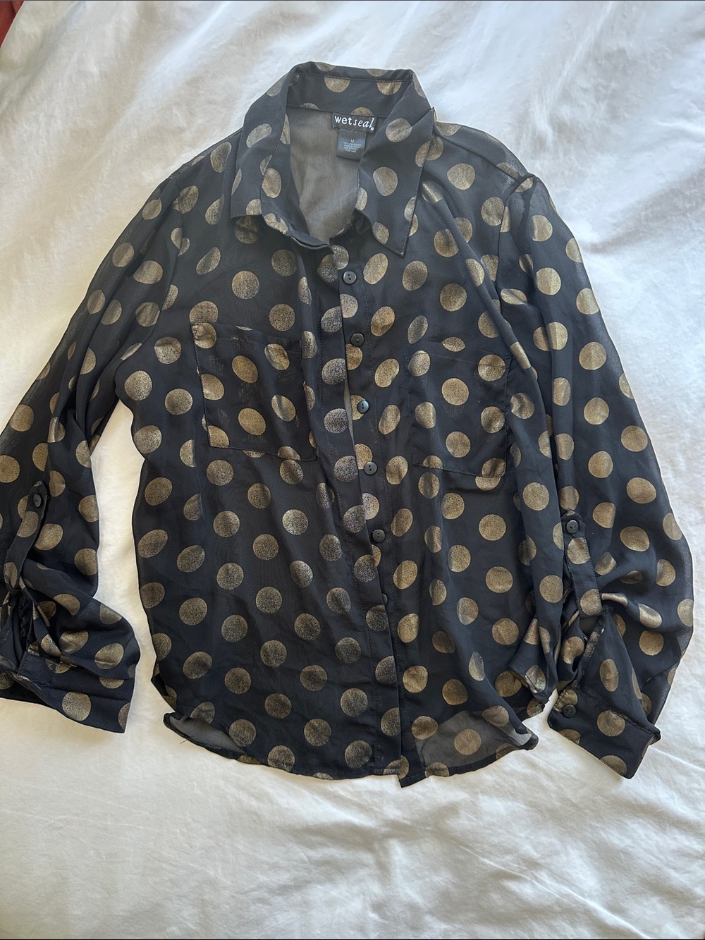 Vintage Wet Seal Sheer Black Button-Down Shirt with Gold Polka Dots